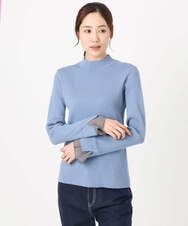 F1FDD64130 MK MICHEL KLEIN(小さいサイズ)(メゾン ドゥ サンク) 千鳥格子柄シフォンレイヤード風ハイゲージニット/洗える ライトブルー