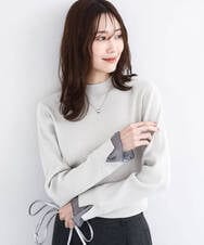 F1FDD64130 MK MICHEL KLEIN(小さいサイズ)(メゾン ドゥ サンク) 千鳥格子柄シフォンレイヤード風ハイゲージニット/洗える ライトグレー