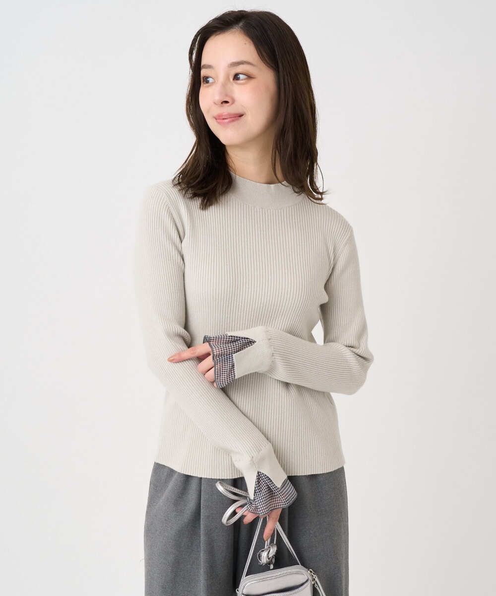 F1FDD64130 MK MICHEL KLEIN(小さいサイズ)(メゾン ドゥ サンク) 【小さいサイズ】千鳥格子柄シフォンレイヤード風ハイゲージニット/洗える ライトグレー