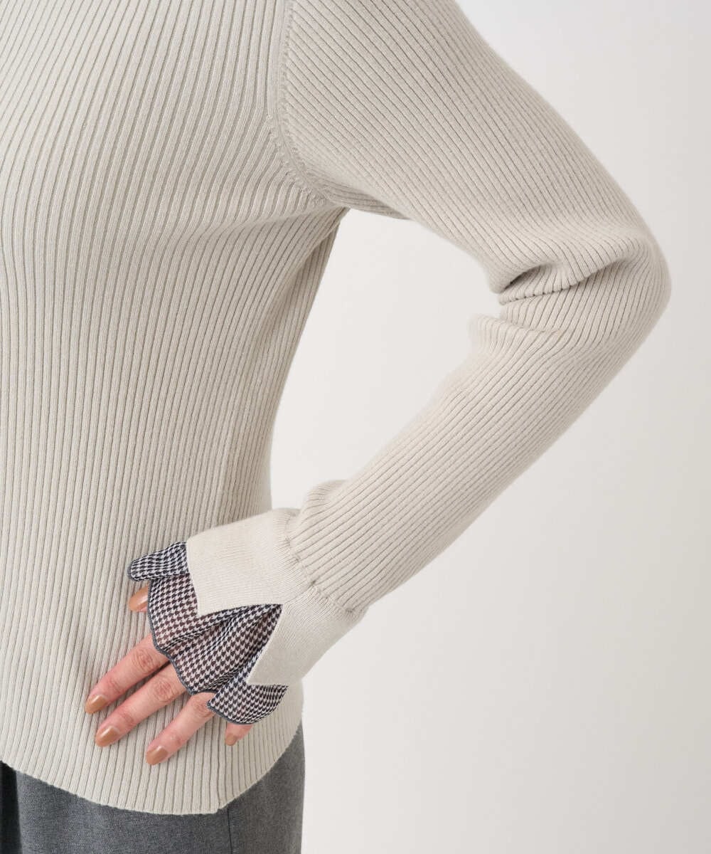 F1FDD64130 MK MICHEL KLEIN(小さいサイズ)(メゾン ドゥ サンク) 【小さいサイズ】千鳥格子柄シフォンレイヤード風ハイゲージニット/洗える ライトグレー