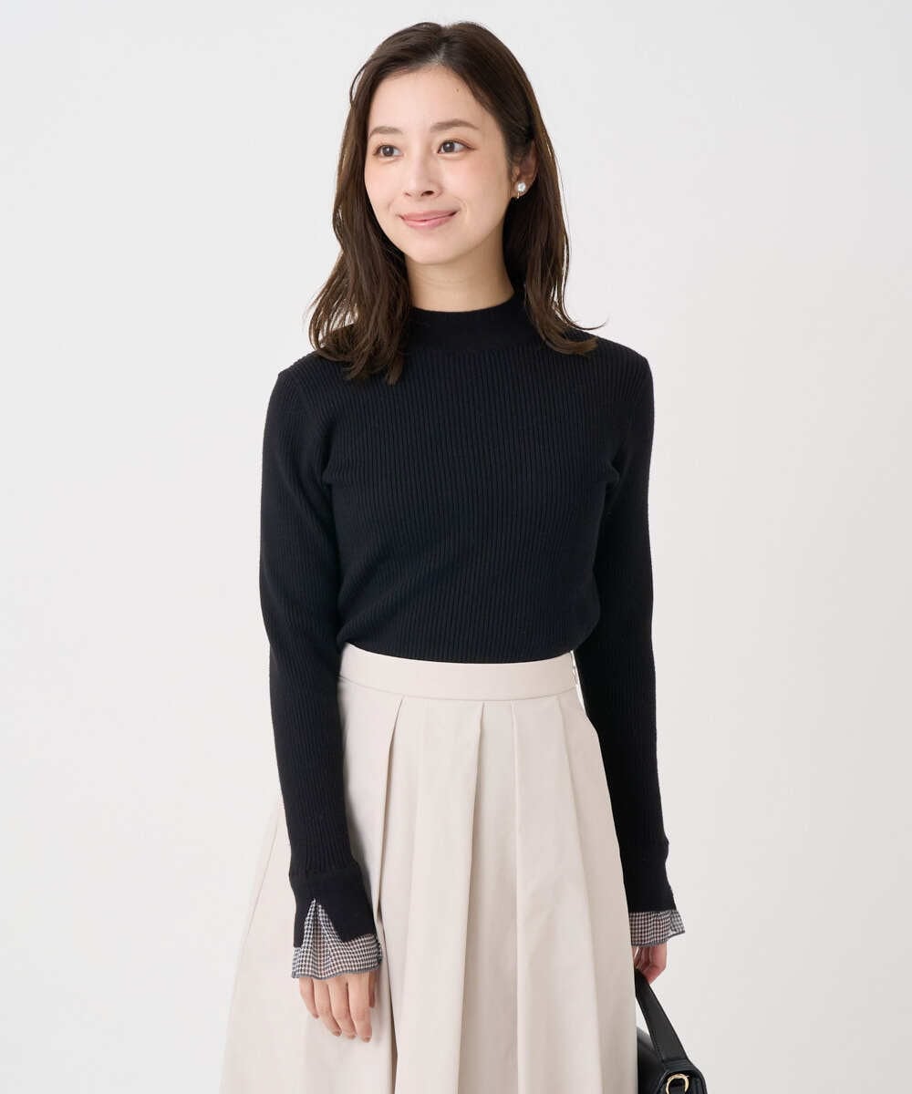 F1FDD64130 MK MICHEL KLEIN(小さいサイズ)(メゾン ドゥ サンク) 【小さいサイズ】千鳥格子柄シフォンレイヤード風ハイゲージニット/洗える ライトグレー