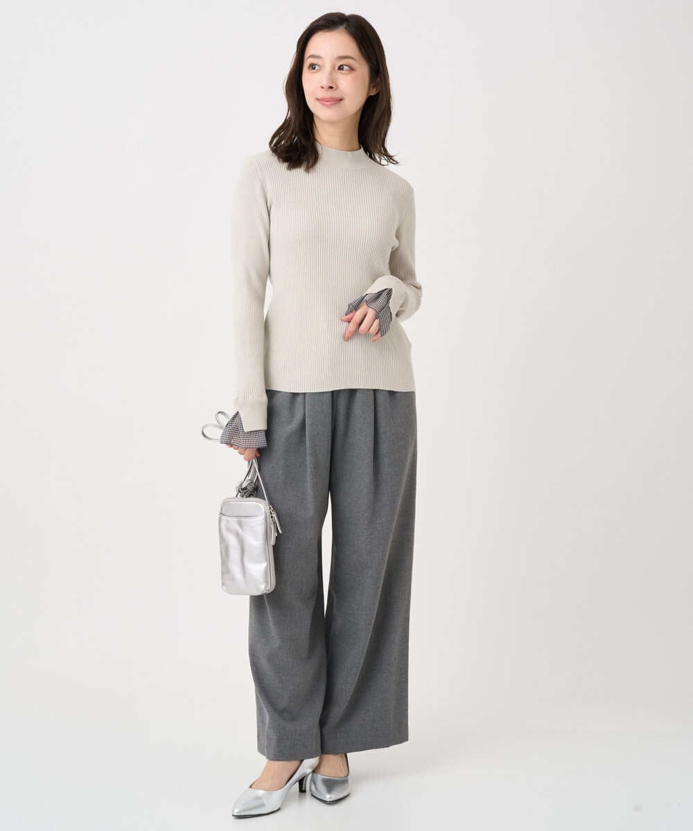 F1FDD64130 MK MICHEL KLEIN(小さいサイズ)(メゾン ドゥ サンク) 【小さいサイズ】千鳥格子柄シフォンレイヤード風ハイゲージニット/洗える ライトグレー