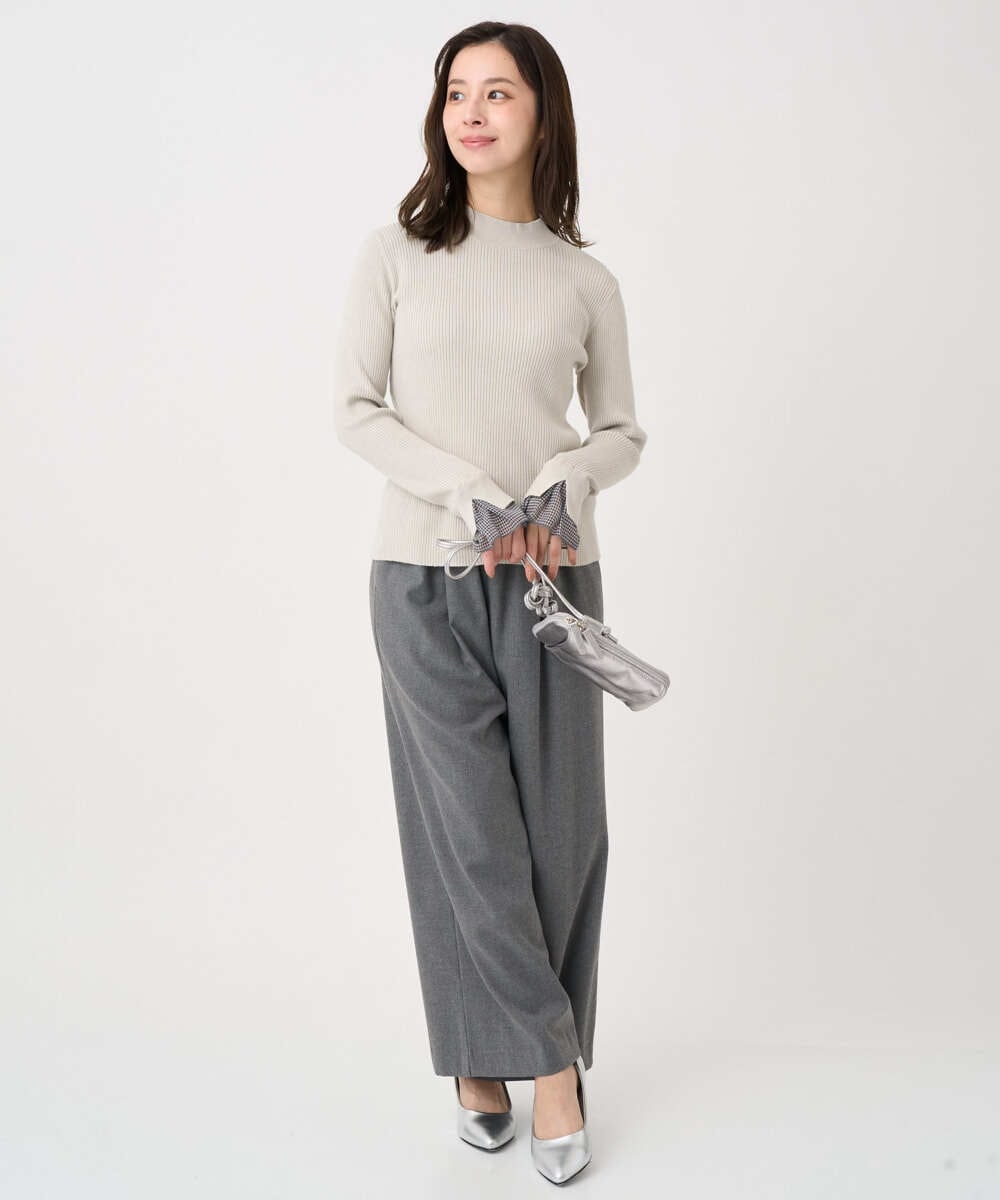 F1FDD64130 MK MICHEL KLEIN(小さいサイズ)(メゾン ドゥ サンク) 【小さいサイズ】千鳥格子柄シフォンレイヤード風ハイゲージニット/洗える ライトグレー