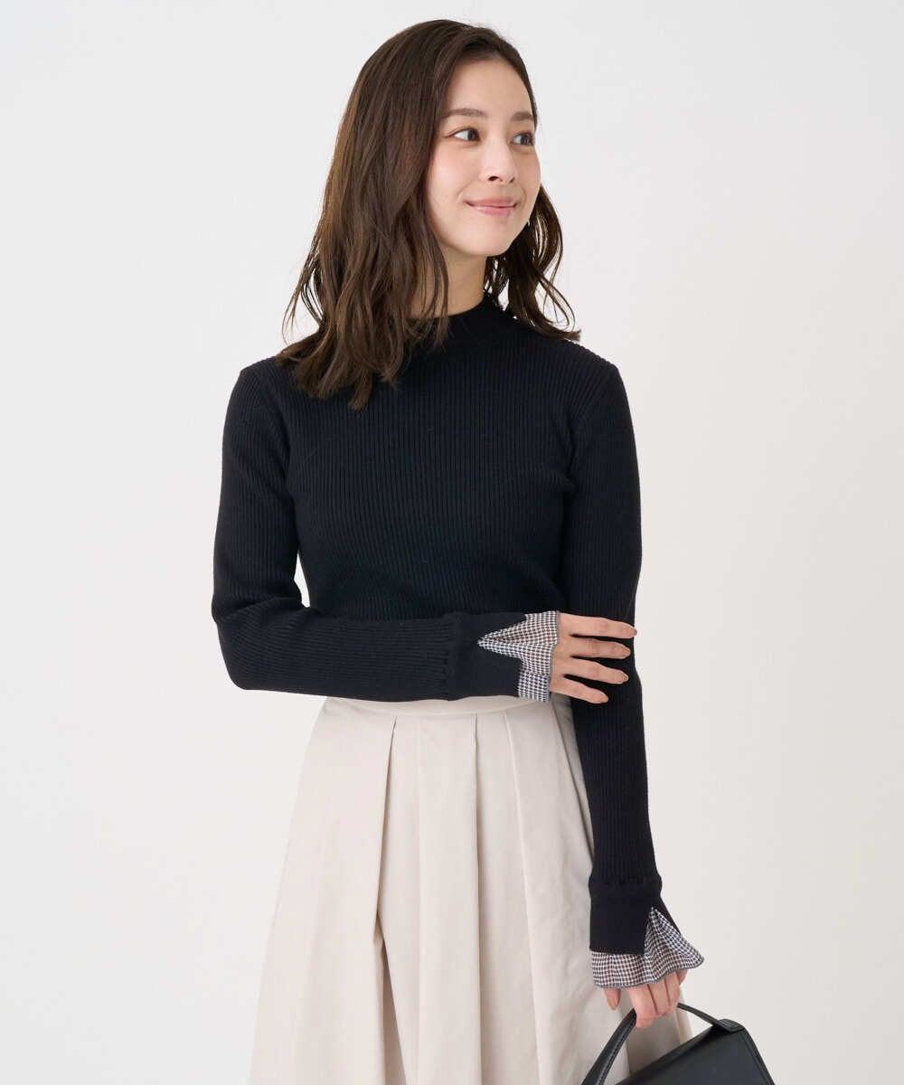 F1FDD64130 MK MICHEL KLEIN(小さいサイズ)(メゾン ドゥ サンク) 【小さいサイズ】千鳥格子柄シフォンレイヤード風ハイゲージニット/洗える ライトグレー