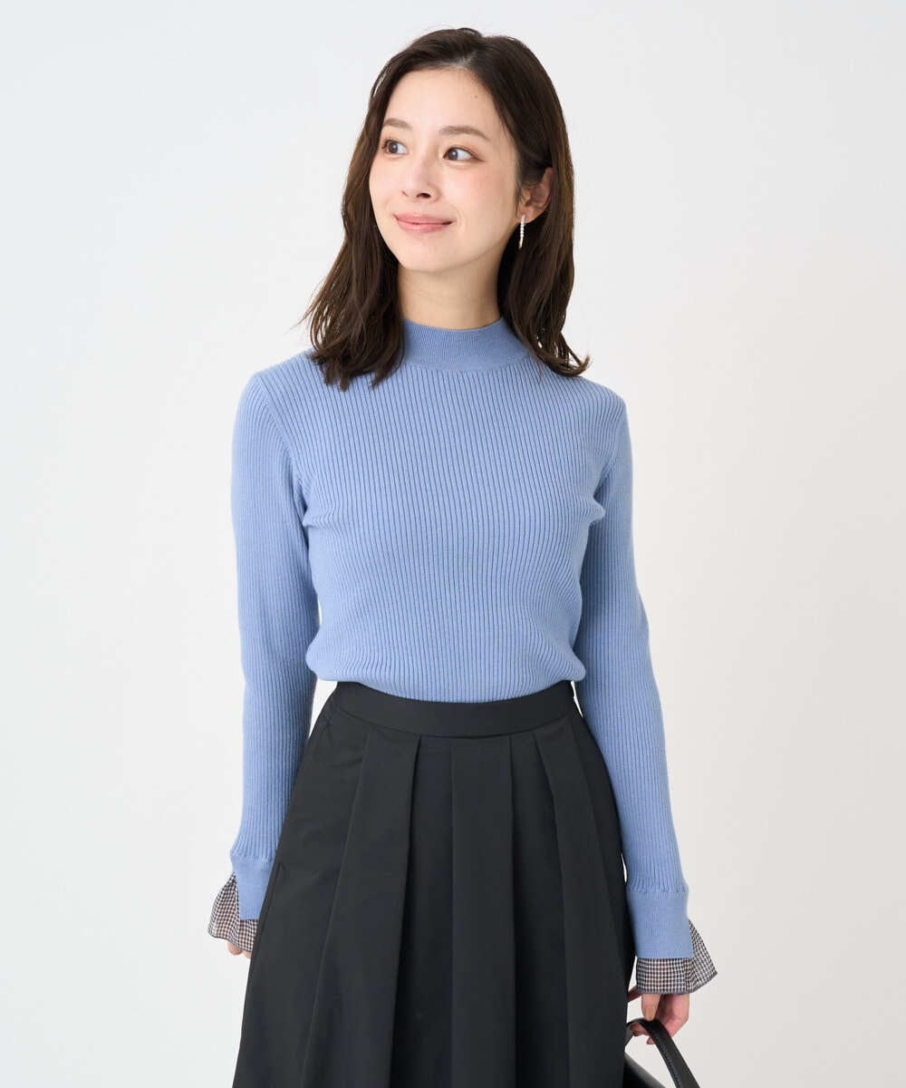 F1FDD64130 MK MICHEL KLEIN(小さいサイズ)(メゾン ドゥ サンク) 【小さいサイズ】千鳥格子柄シフォンレイヤード風ハイゲージニット/洗える ライトグレー