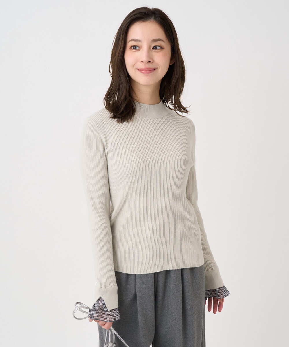 F1FDD64130 MK MICHEL KLEIN(小さいサイズ)(メゾン ドゥ サンク) 【小さいサイズ】千鳥格子柄シフォンレイヤード風ハイゲージニット/洗える ライトグレー