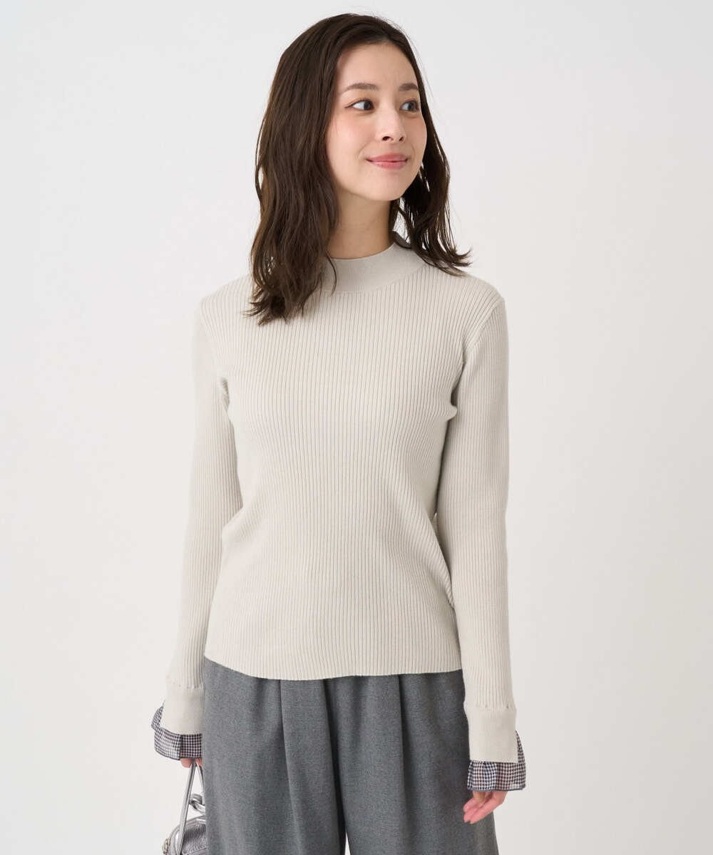 F1FDD64130 MK MICHEL KLEIN(小さいサイズ)(メゾン ドゥ サンク) 【小さいサイズ】千鳥格子柄シフォンレイヤード風ハイゲージニット/洗える ライトグレー