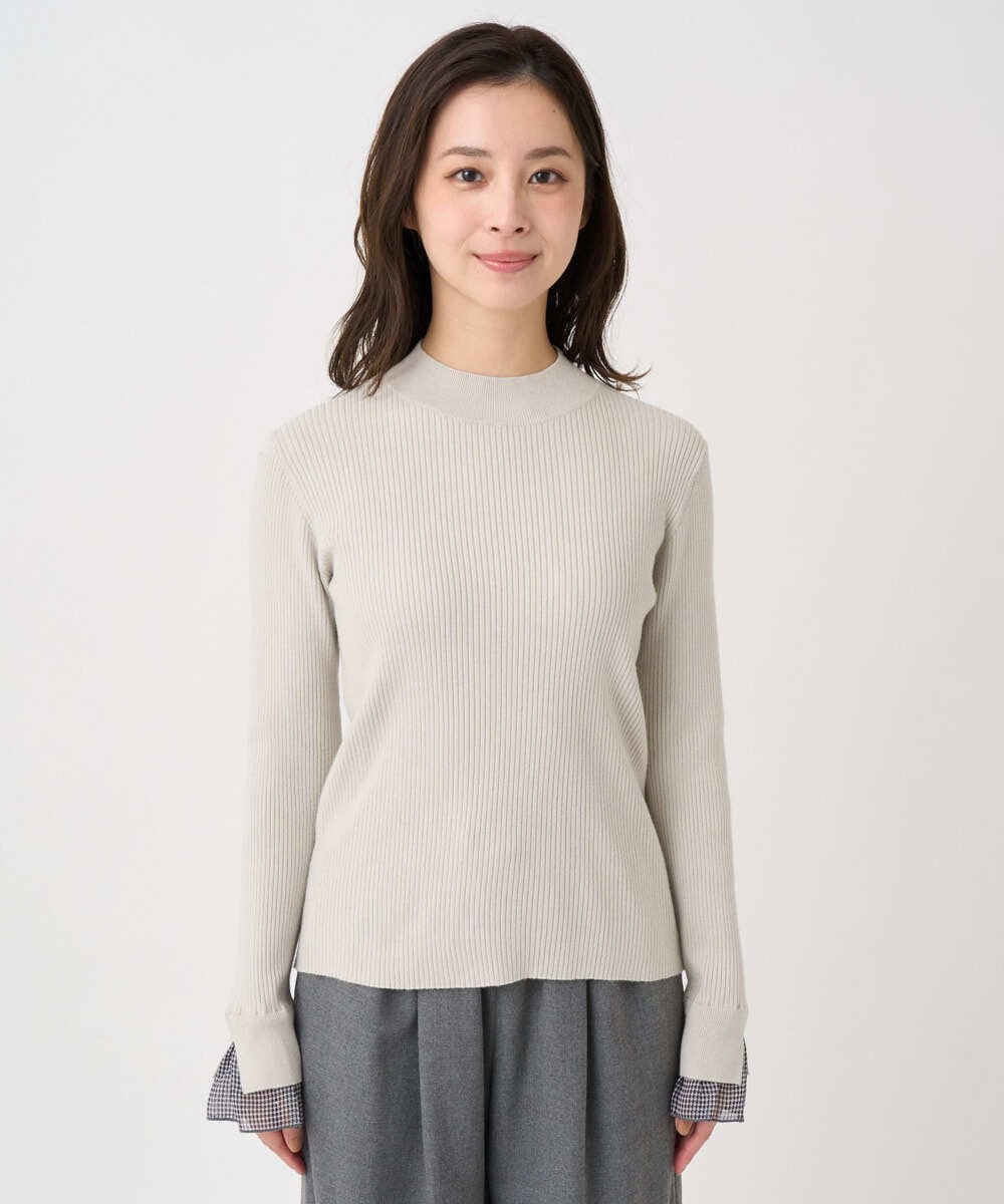 F1FDD64130 MK MICHEL KLEIN(小さいサイズ)(メゾン ドゥ サンク) 【小さいサイズ】千鳥格子柄シフォンレイヤード風ハイゲージニット/洗える ライトグレー