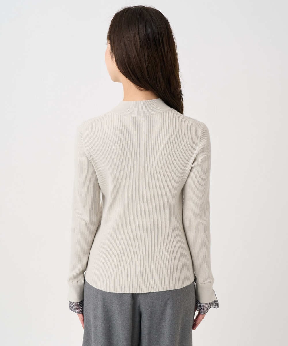 F1FDD64130 MK MICHEL KLEIN(小さいサイズ)(メゾン ドゥ サンク) 【小さいサイズ】千鳥格子柄シフォンレイヤード風ハイゲージニット/洗える ライトグレー