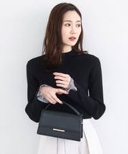 F1FDD64130 MK MICHEL KLEIN(小さいサイズ)(メゾン ドゥ サンク) 千鳥格子柄シフォンレイヤード風ハイゲージニット/洗える ブラック