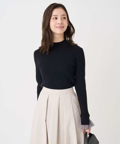 F1FDD64130 MK MICHEL KLEIN(小さいサイズ) 【小さいサイズ】千鳥格子柄シフォンレイヤード風ハイゲージニット/洗える