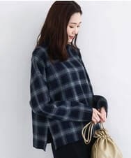 F1FDD67150 MK MICHEL KLEIN(小さいサイズ)(メゾン ドゥ サンク) チェック柄ニットプルオーバー/洗える ネイビー