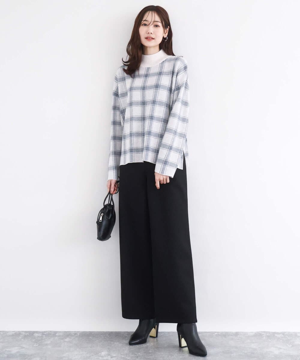 F1FDD67150 MK MICHEL KLEIN(小さいサイズ)(メゾン ドゥ サンク) チェック柄ニットプルオーバー/洗える ネイビー