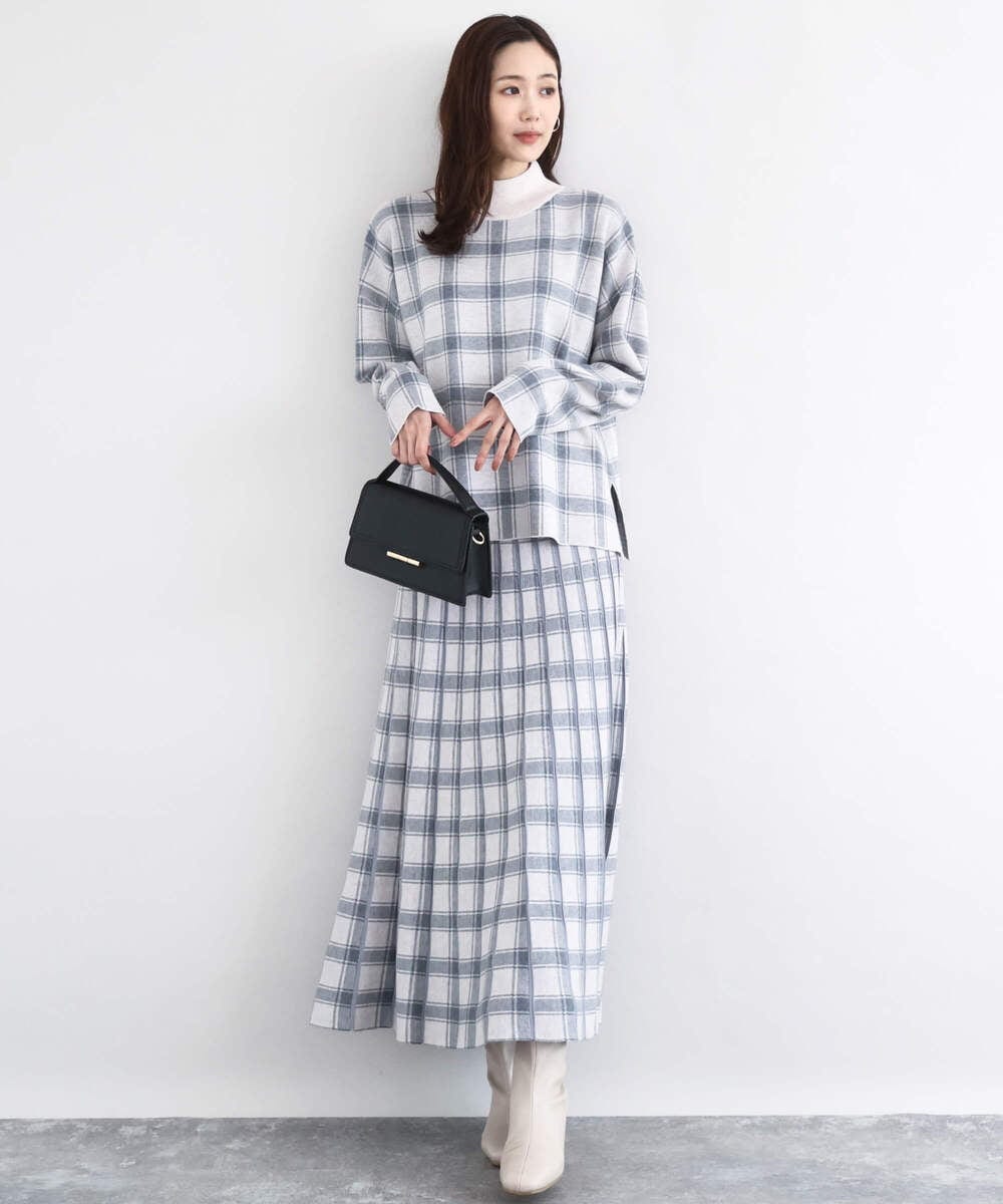 F1FDD67150 MK MICHEL KLEIN(小さいサイズ)(メゾン ドゥ サンク) チェック柄ニットプルオーバー/洗える ネイビー