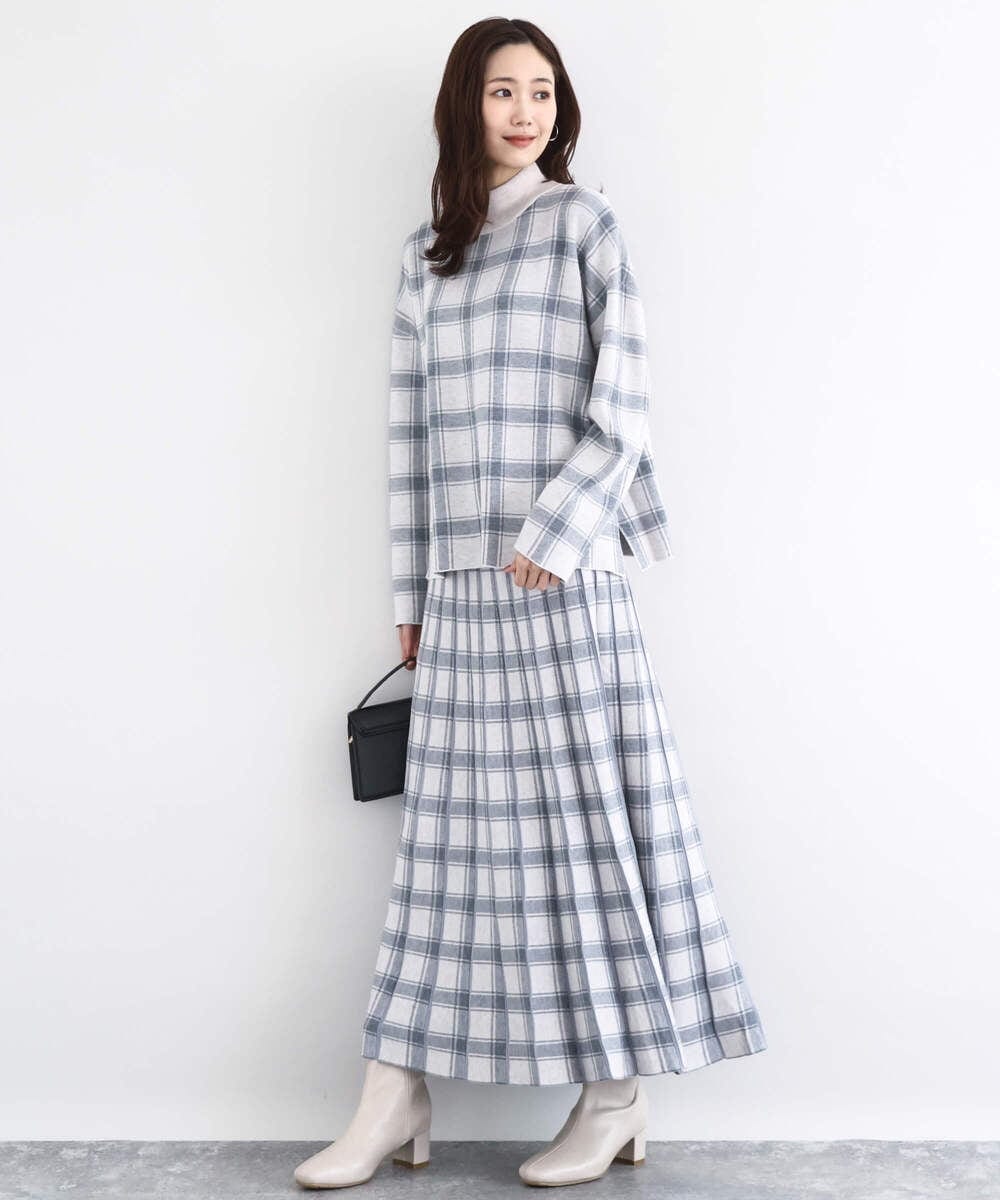 F1FDD67150 MK MICHEL KLEIN(小さいサイズ)(メゾン ドゥ サンク) チェック柄ニットプルオーバー/洗える ネイビー