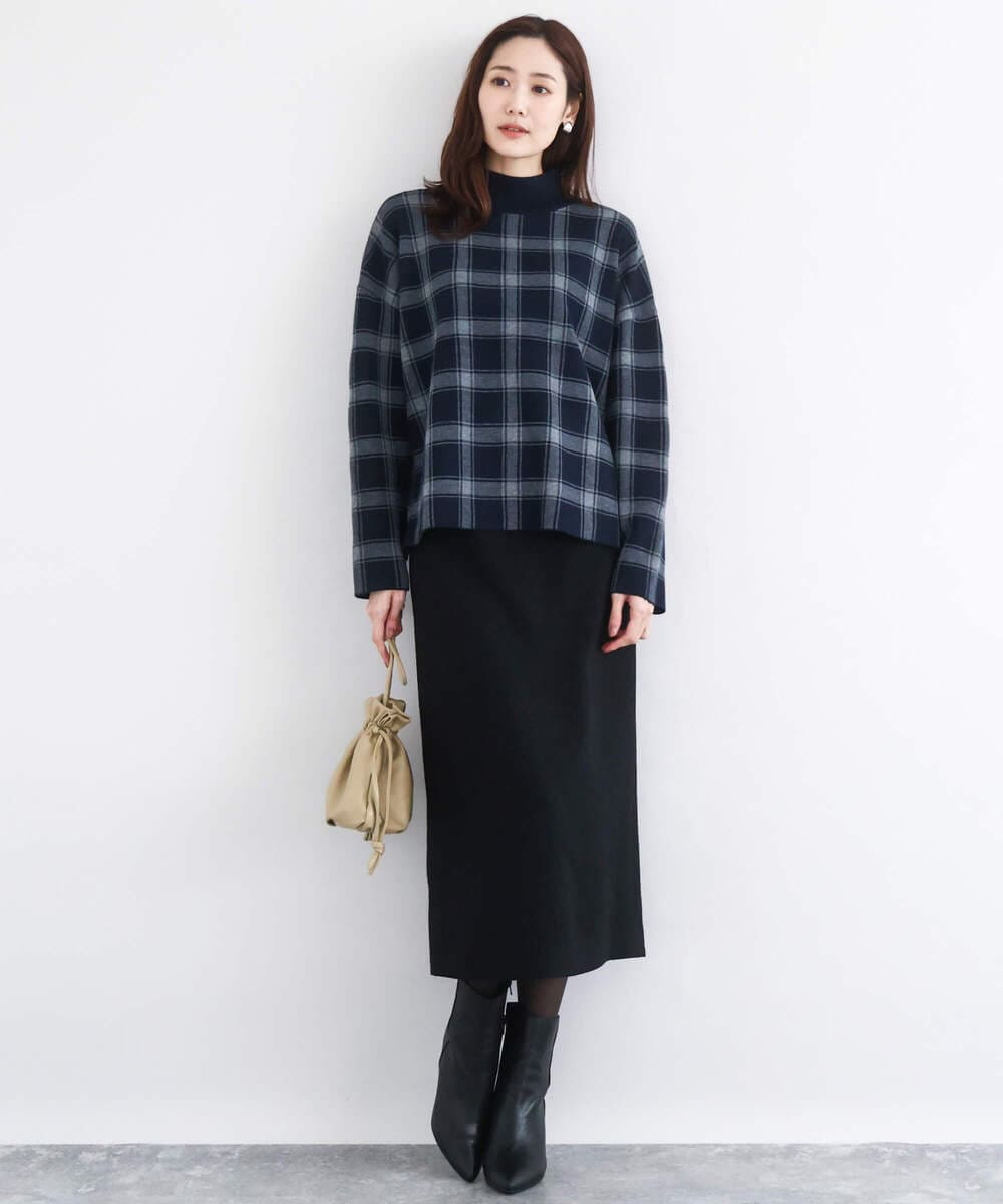 F1FDD67150 MK MICHEL KLEIN(小さいサイズ)(メゾン ドゥ サンク) チェック柄ニットプルオーバー/洗える ネイビー