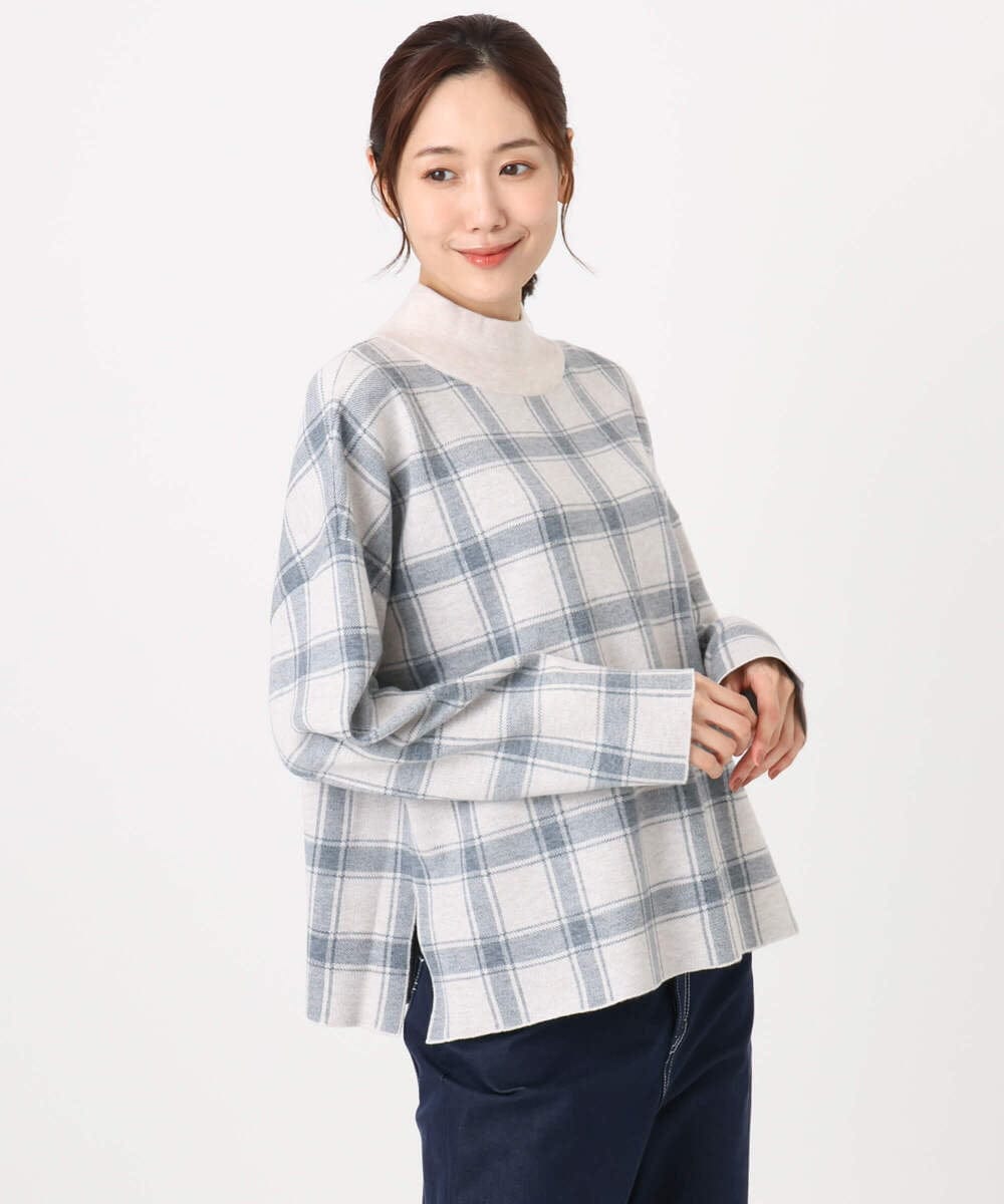 F1FDD67150 MK MICHEL KLEIN(小さいサイズ)(メゾン ドゥ サンク) チェック柄ニットプルオーバー/洗える ネイビー