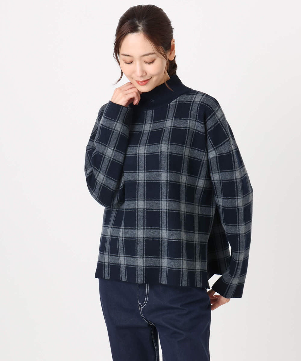 F1FDD67150 MK MICHEL KLEIN(小さいサイズ)(メゾン ドゥ サンク) チェック柄ニットプルオーバー/洗える ネイビー