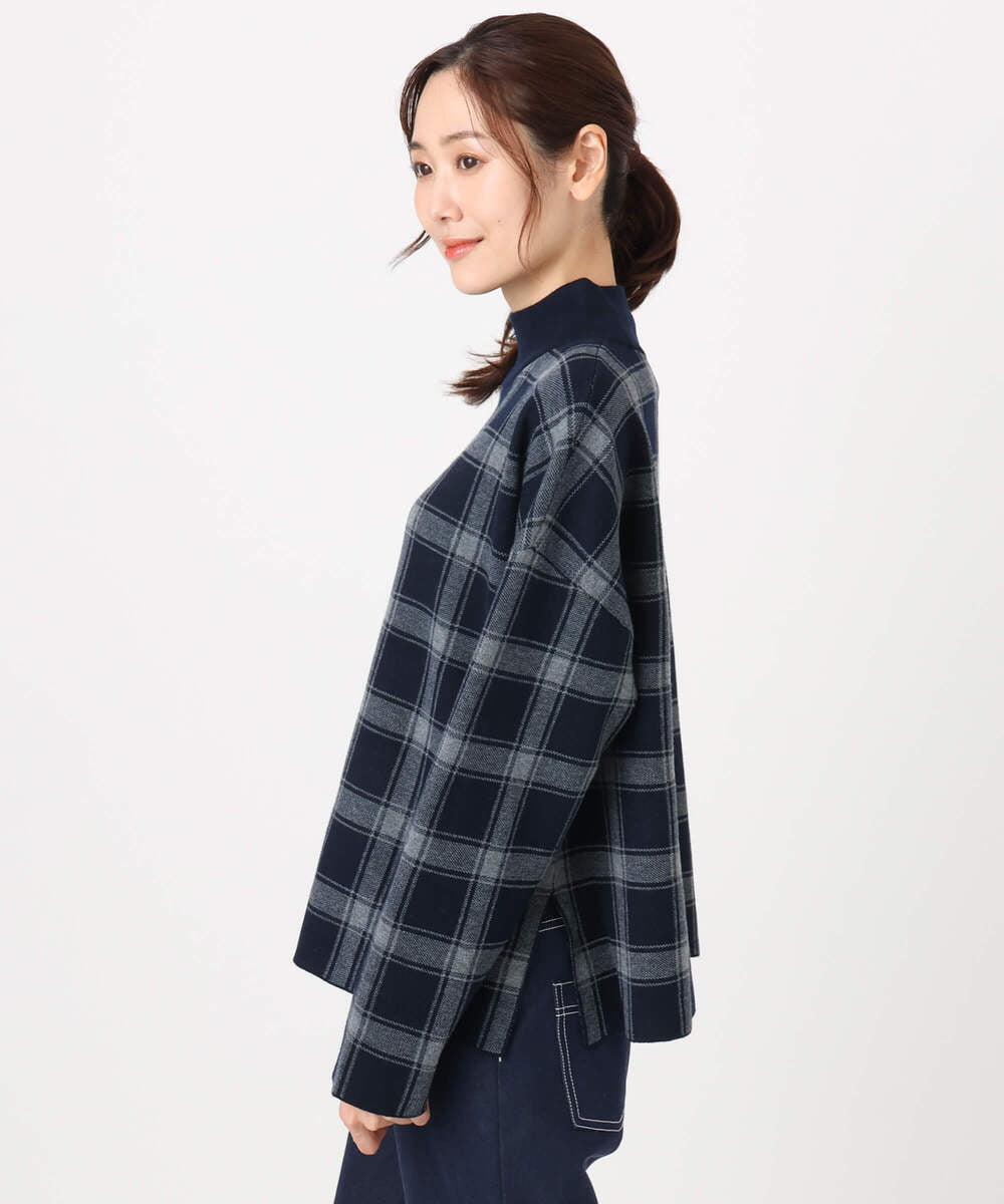 F1FDD67150 MK MICHEL KLEIN(小さいサイズ)(メゾン ドゥ サンク) チェック柄ニットプルオーバー/洗える ネイビー