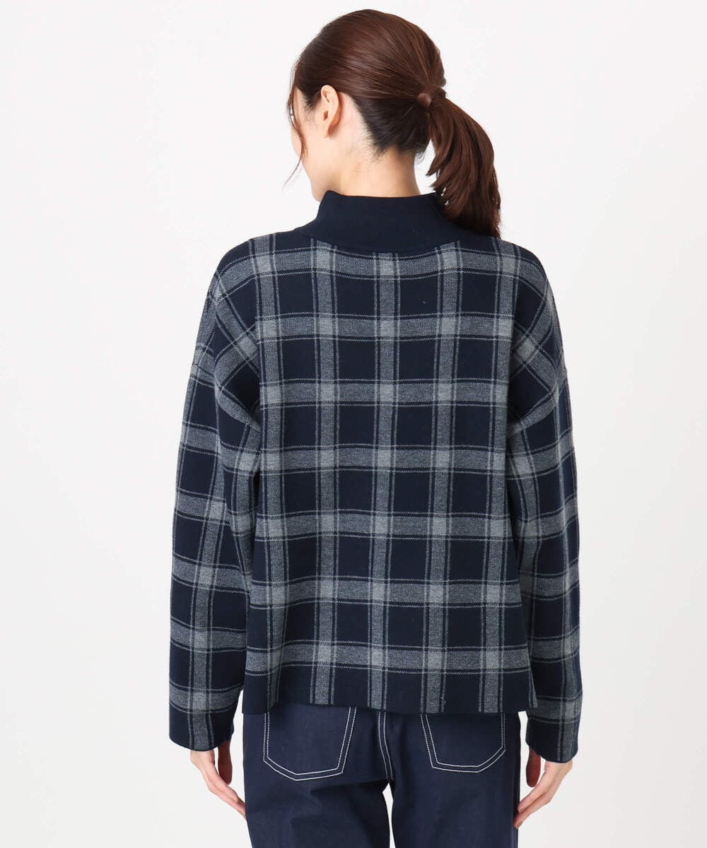 F1FDD67150 MK MICHEL KLEIN(小さいサイズ)(メゾン ドゥ サンク) チェック柄ニットプルオーバー/洗える ネイビー