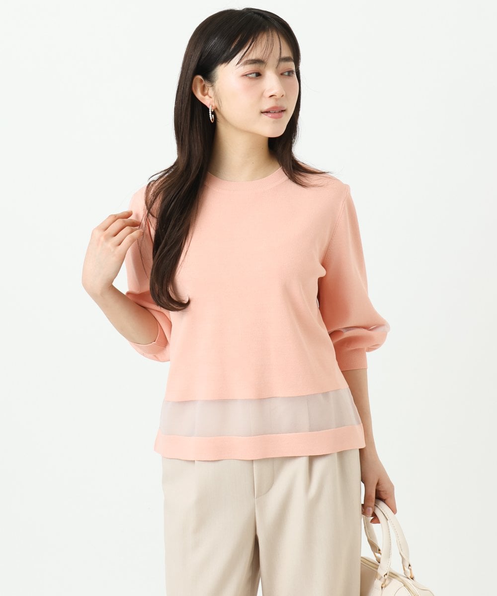 F1FGD30140 MK MICHEL KLEIN(小さいサイズ)(メゾン ドゥ サンク) 【小さいサイズ】シアー切替えニット/洗える サーモンオレンジ