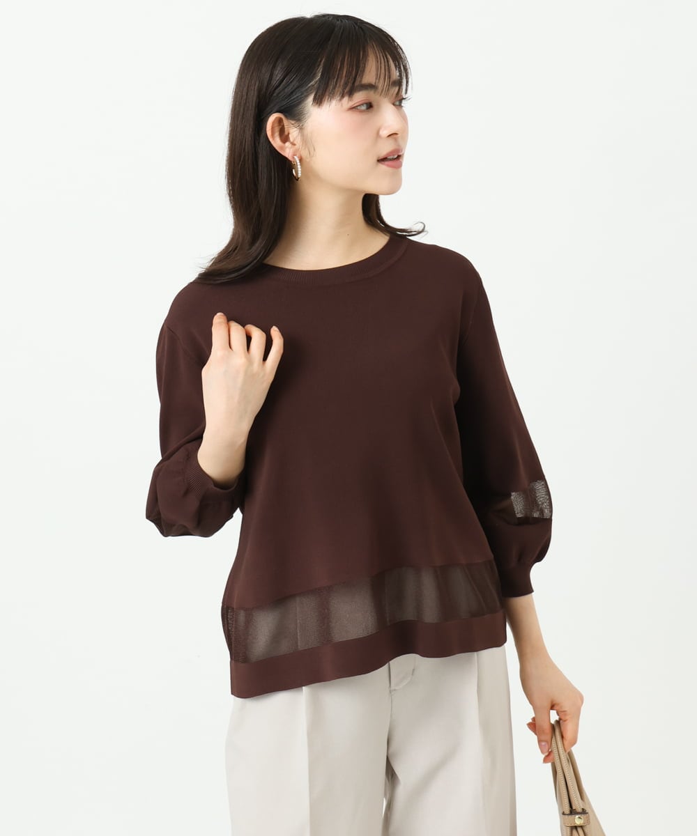 F1FGD30140 MK MICHEL KLEIN(小さいサイズ)(メゾン ドゥ サンク) 【小さいサイズ】シアー切替えニット/洗える サーモンオレンジ