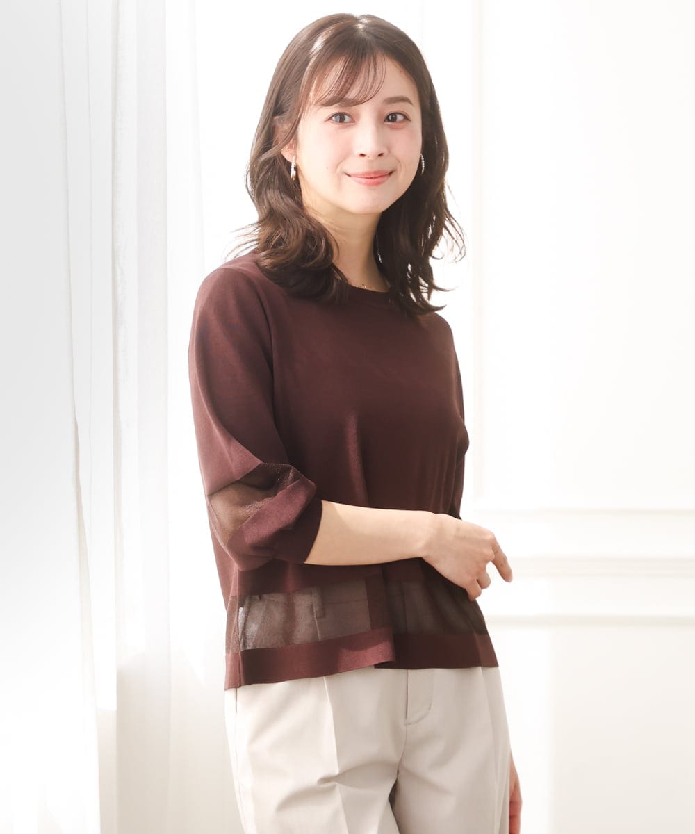 F1FGD30140 MK MICHEL KLEIN(小さいサイズ)(メゾン ドゥ サンク) 【小さいサイズ】シアー切替えニット/洗える サーモンオレンジ