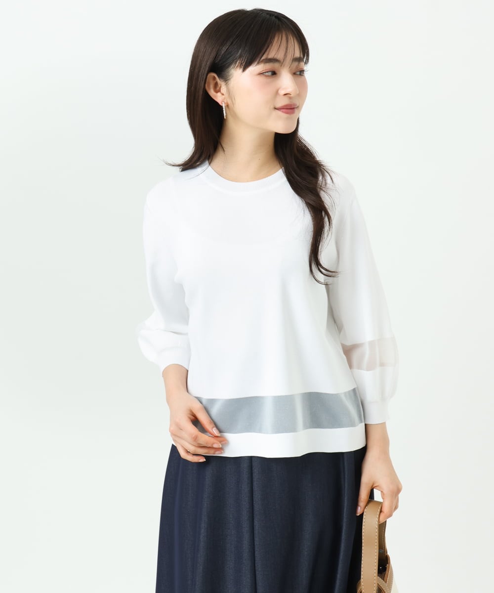 F1FGD30140 MK MICHEL KLEIN(小さいサイズ)(メゾン ドゥ サンク) 【小さいサイズ】シアー切替えニット/洗える サーモンオレンジ