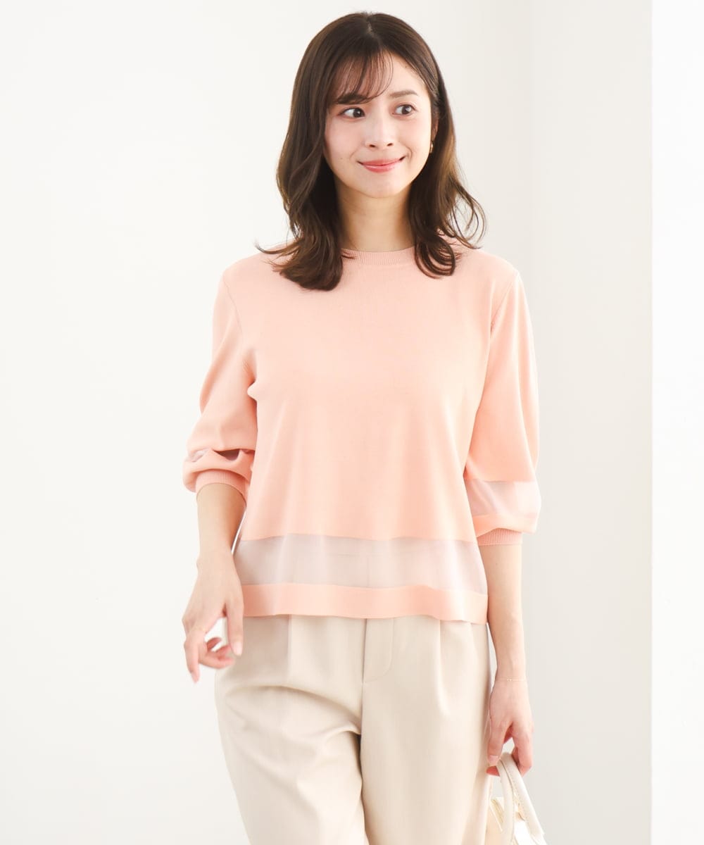 F1FGD30140 MK MICHEL KLEIN(小さいサイズ)(メゾン ドゥ サンク) 【小さいサイズ】シアー切替えニット/洗える サーモンオレンジ