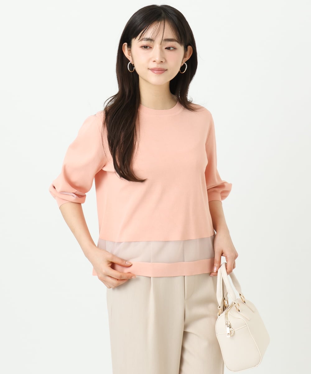 F1FGD30140 MK MICHEL KLEIN(小さいサイズ)(メゾン ドゥ サンク) 【小さいサイズ】シアー切替えニット/洗える サーモンオレンジ