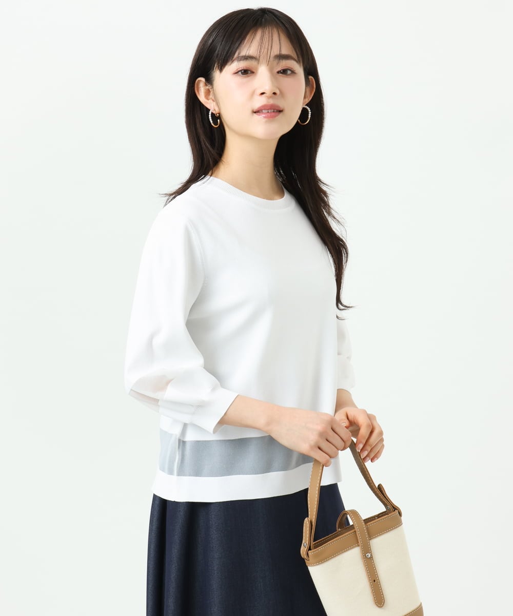 F1FGD30140 MK MICHEL KLEIN(小さいサイズ)(メゾン ドゥ サンク) 【小さいサイズ】シアー切替えニット/洗える ホワイト