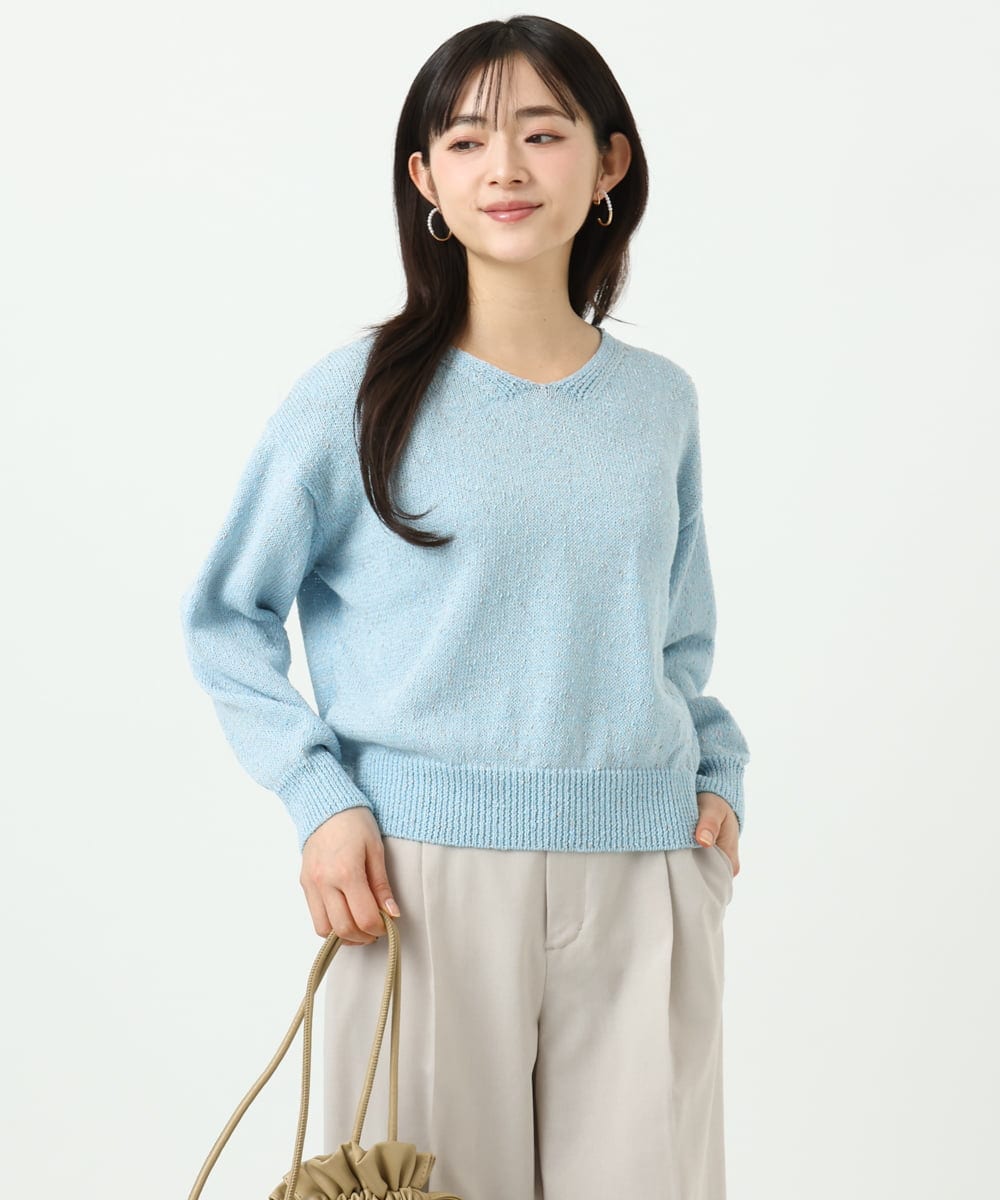 F1FGD31150 MK MICHEL KLEIN(小さいサイズ)(メゾン ドゥ サンク) 【小さいサイズ】ラメ入りノットヤーンVネックニット/洗える ライトブルー