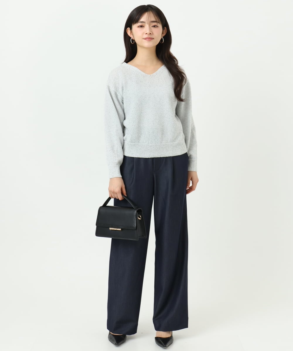 F1FGD31150 MK MICHEL KLEIN(小さいサイズ)(メゾン ドゥ サンク) 【小さいサイズ】ラメ入りノットヤーンVネックニット/洗える ライトブルー