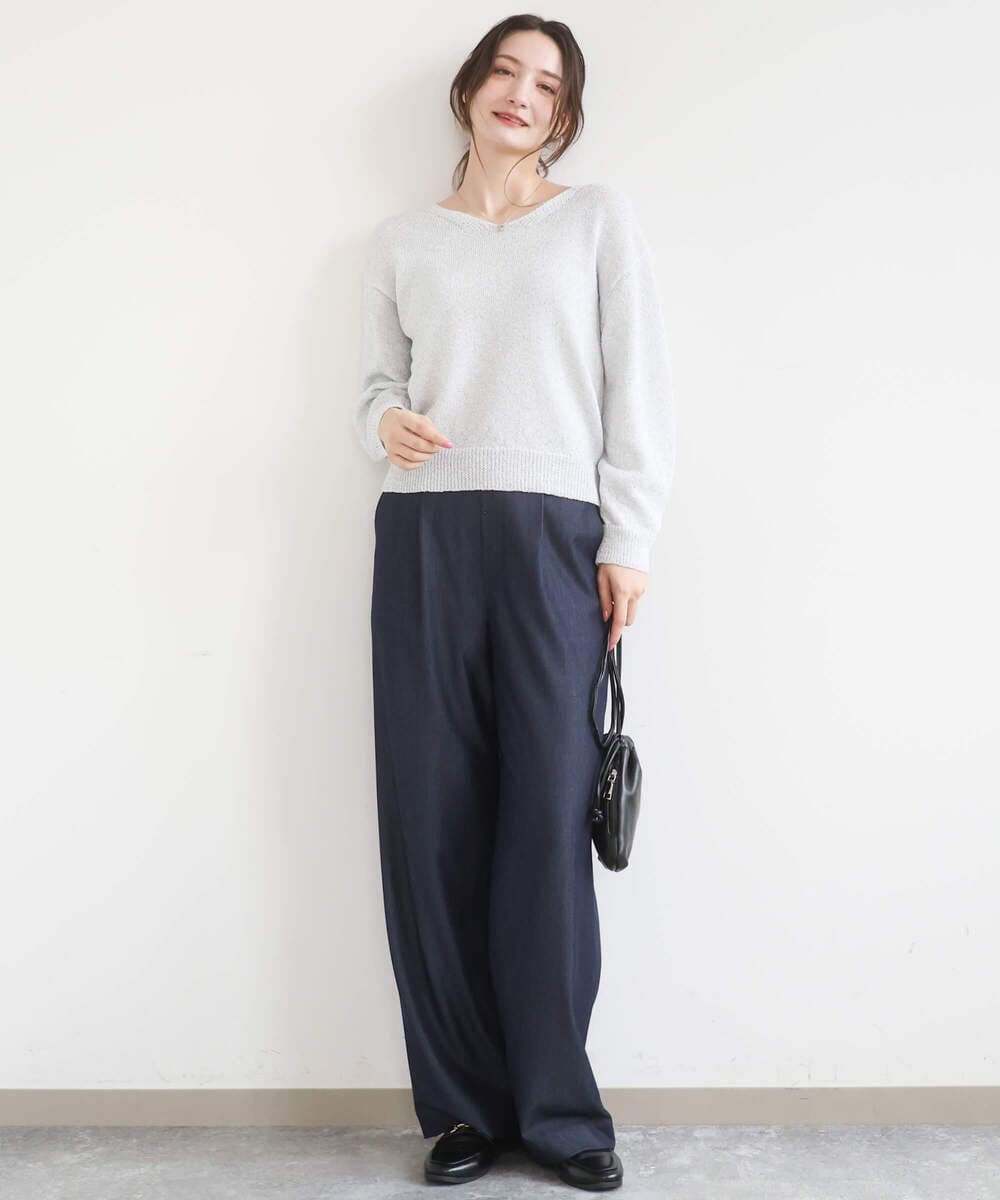 F1FGD31150 MK MICHEL KLEIN(小さいサイズ)(メゾン ドゥ サンク) 【小さいサイズ】ラメ入りノットヤーンVネックニット/洗える ライトブルー