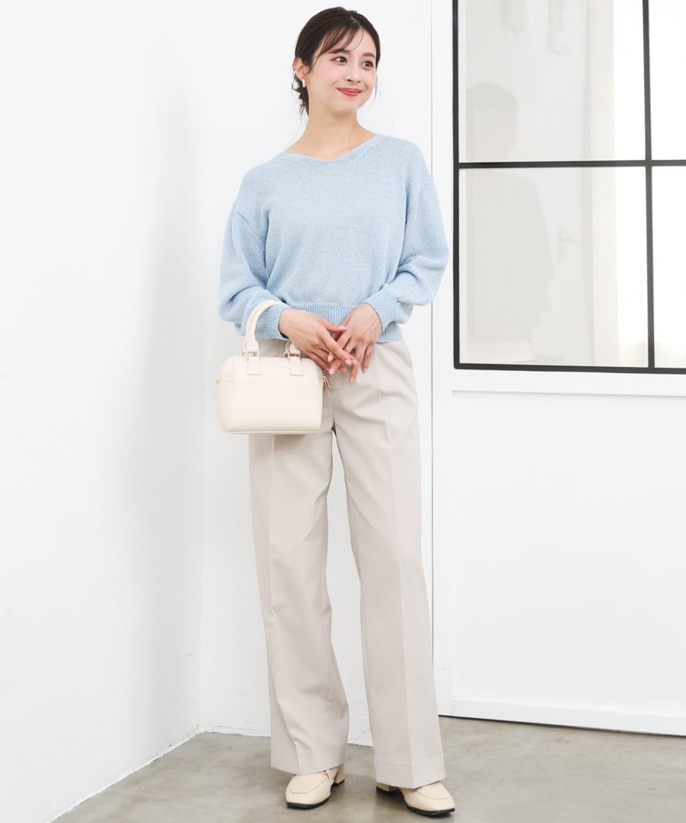 F1FGD31150 MK MICHEL KLEIN(小さいサイズ)(メゾン ドゥ サンク) 【小さいサイズ】ラメ入りノットヤーンVネックニット/洗える ライトブルー