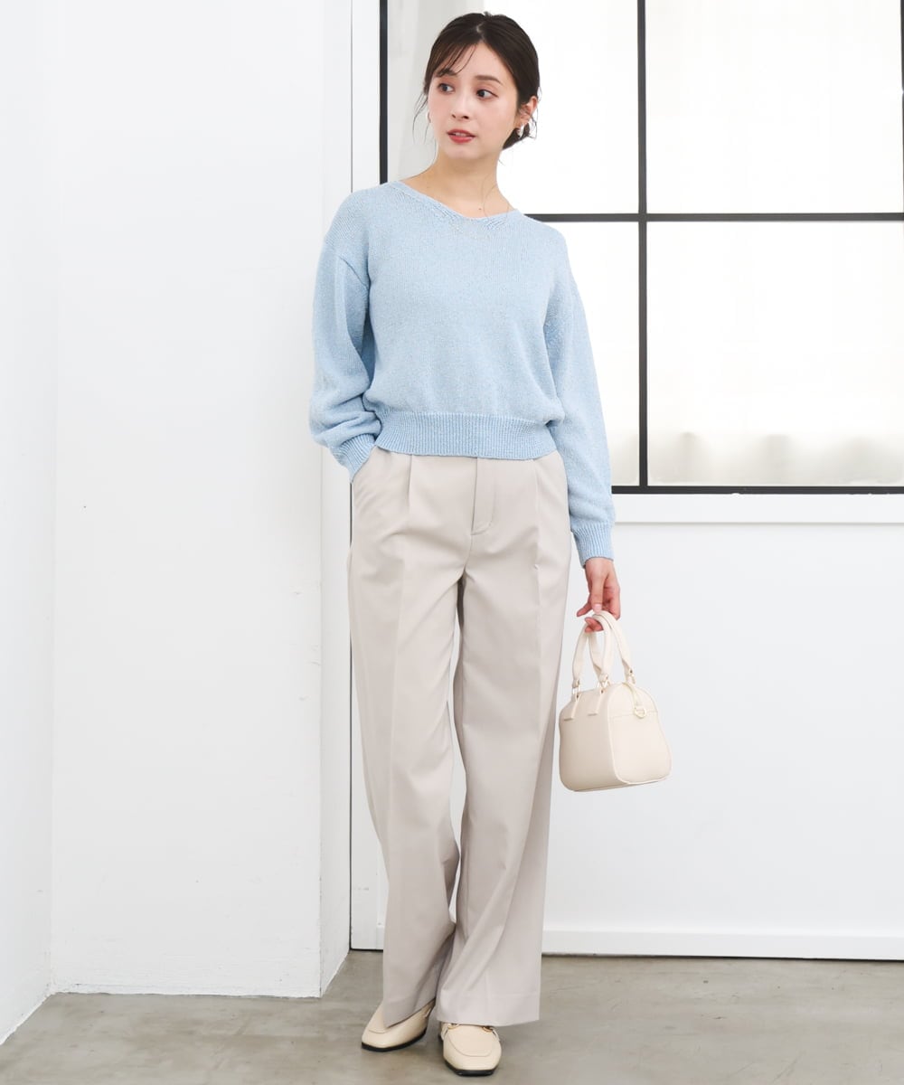 F1FGD31150 MK MICHEL KLEIN(小さいサイズ)(メゾン ドゥ サンク) 【小さいサイズ】ラメ入りノットヤーンVネックニット/洗える ライトブルー