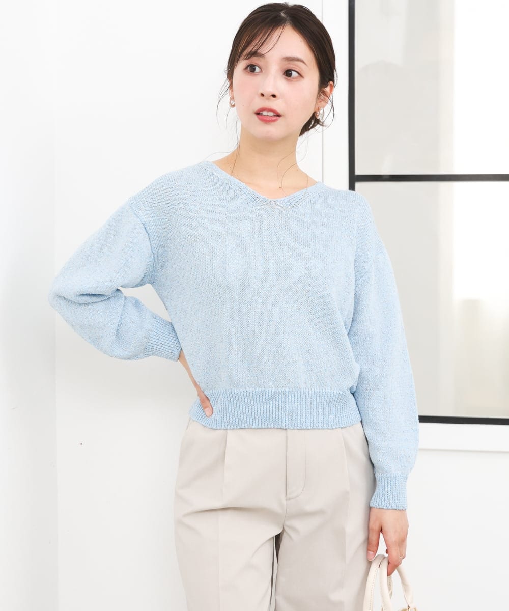 F1FGD31150 MK MICHEL KLEIN(小さいサイズ)(メゾン ドゥ サンク) 【小さいサイズ】ラメ入りノットヤーンVネックニット/洗える ライトブルー