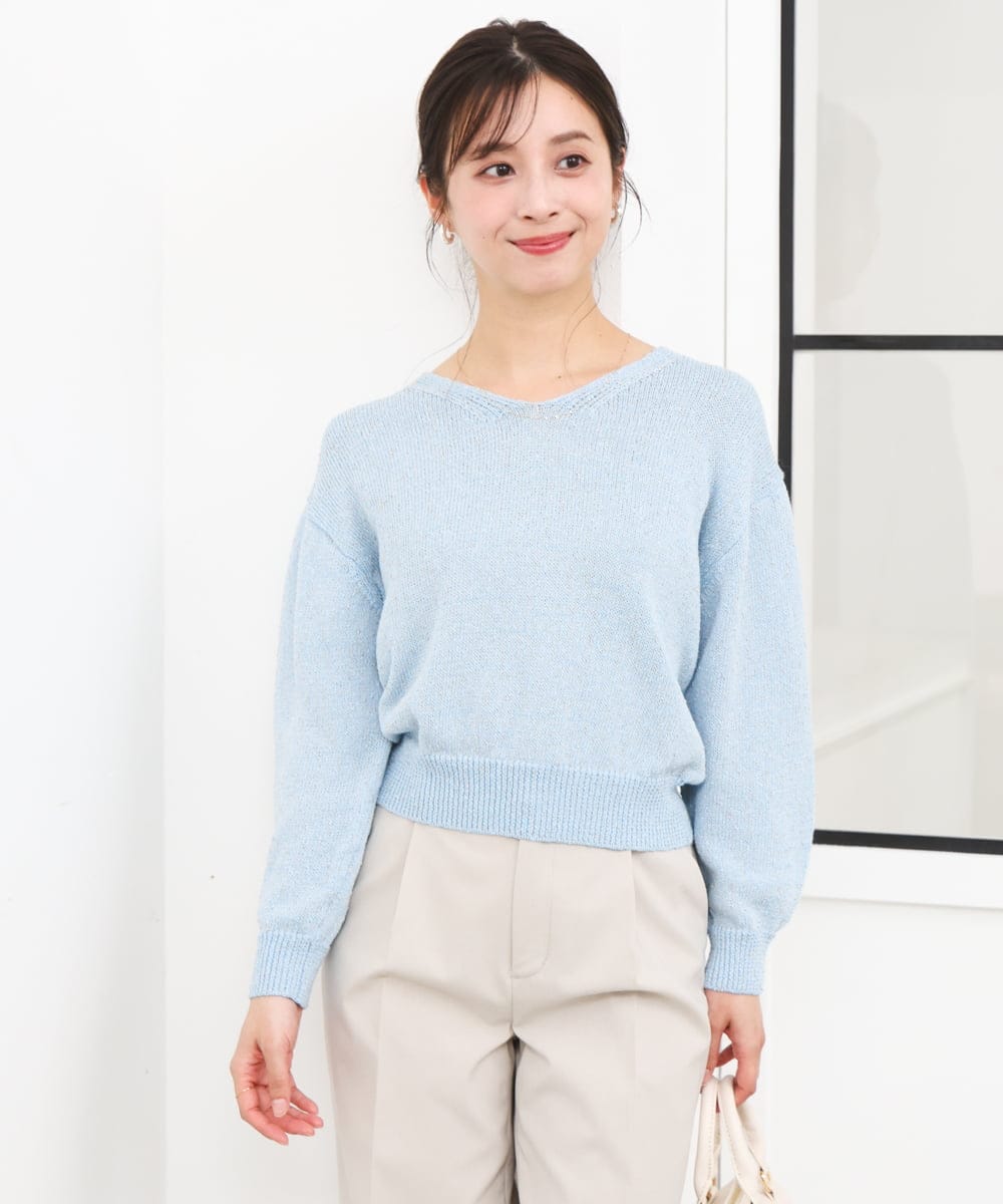 F1FGD31150 MK MICHEL KLEIN(小さいサイズ)(メゾン ドゥ サンク) 【小さいサイズ】ラメ入りノットヤーンVネックニット/洗える ライトブルー