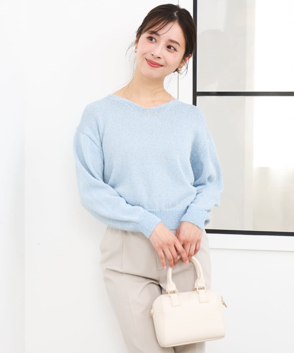 F1FGD31150 MK MICHEL KLEIN(小さいサイズ)(メゾン ドゥ サンク) 【小さいサイズ】ラメ入りノットヤーンVネックニット/洗える ライトブルー