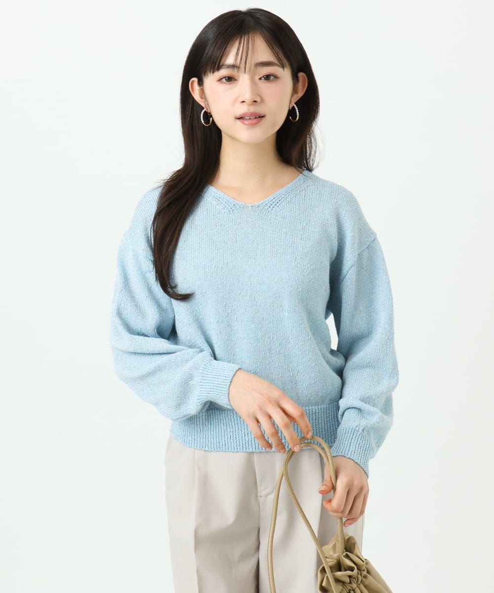 F1FGD31150 MK MICHEL KLEIN(小さいサイズ)(メゾン ドゥ サンク) 【小さいサイズ】ラメ入りノットヤーンVネックニット/洗える ライトブルー