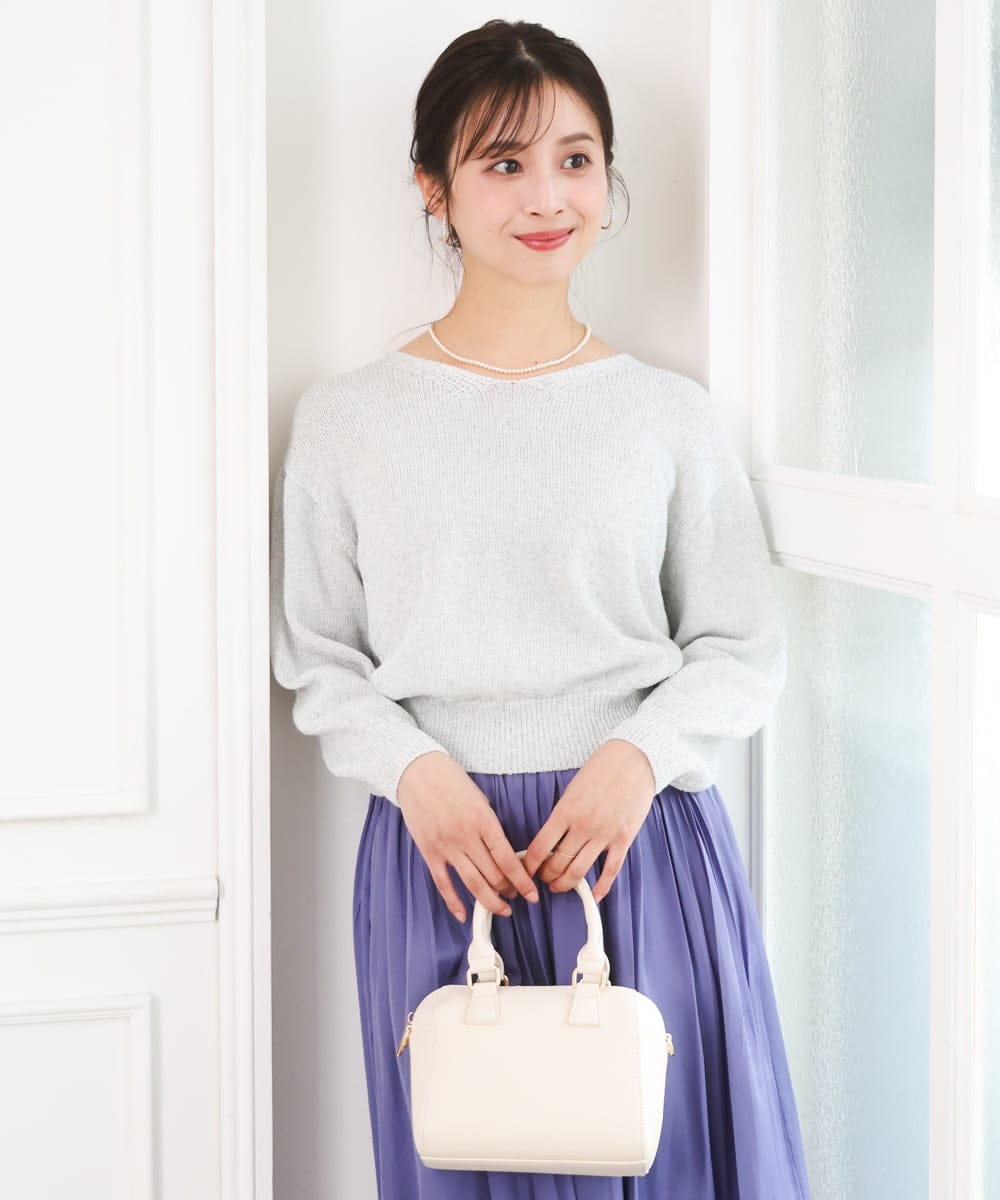 F1FGD31150 MK MICHEL KLEIN(小さいサイズ)(メゾン ドゥ サンク) 【小さいサイズ】ラメ入りノットヤーンVネックニット/洗える ライトブルー