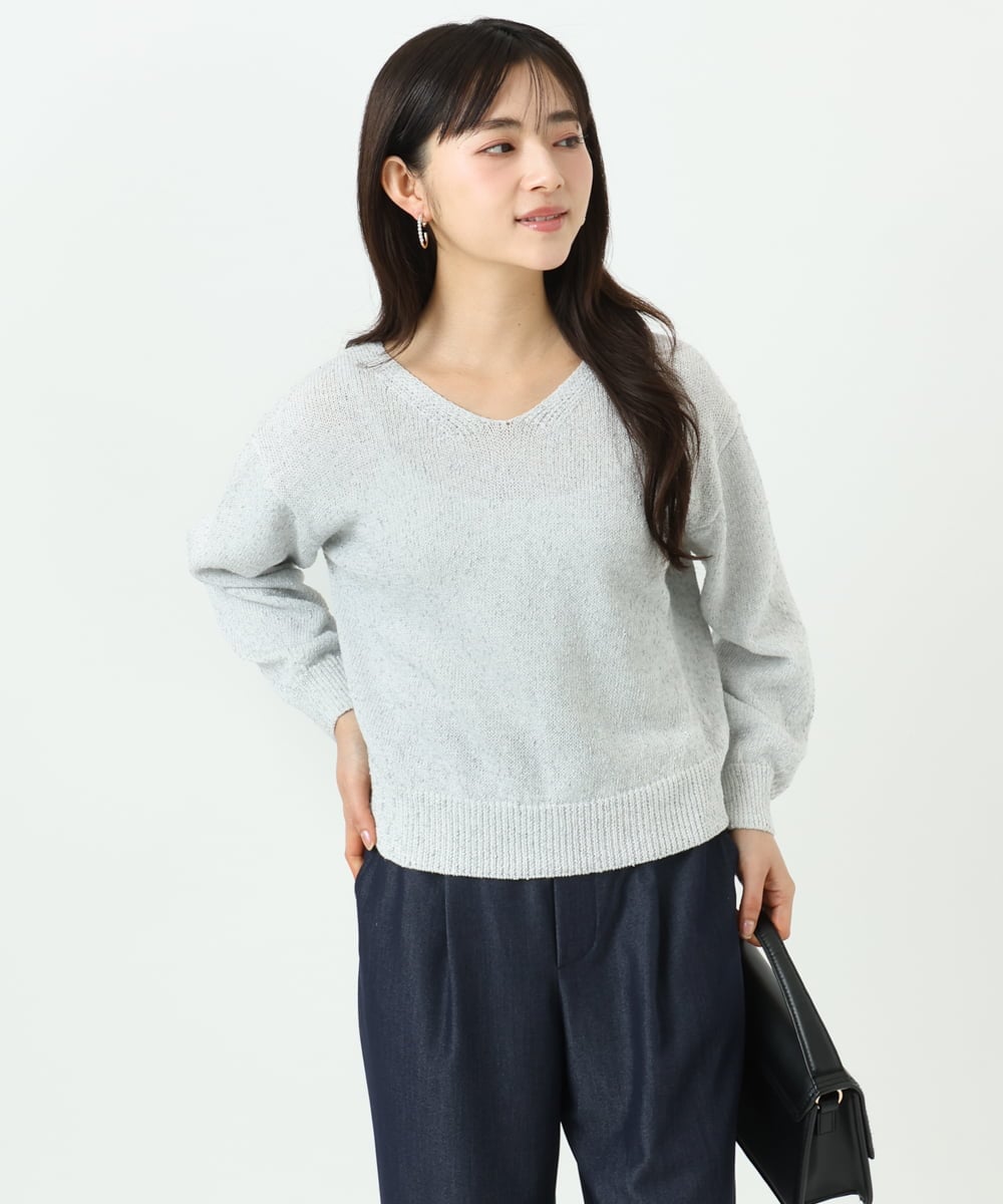 F1FGD31150 MK MICHEL KLEIN(小さいサイズ)(メゾン ドゥ サンク) 【小さいサイズ】ラメ入りノットヤーンVネックニット/洗える ライトブルー