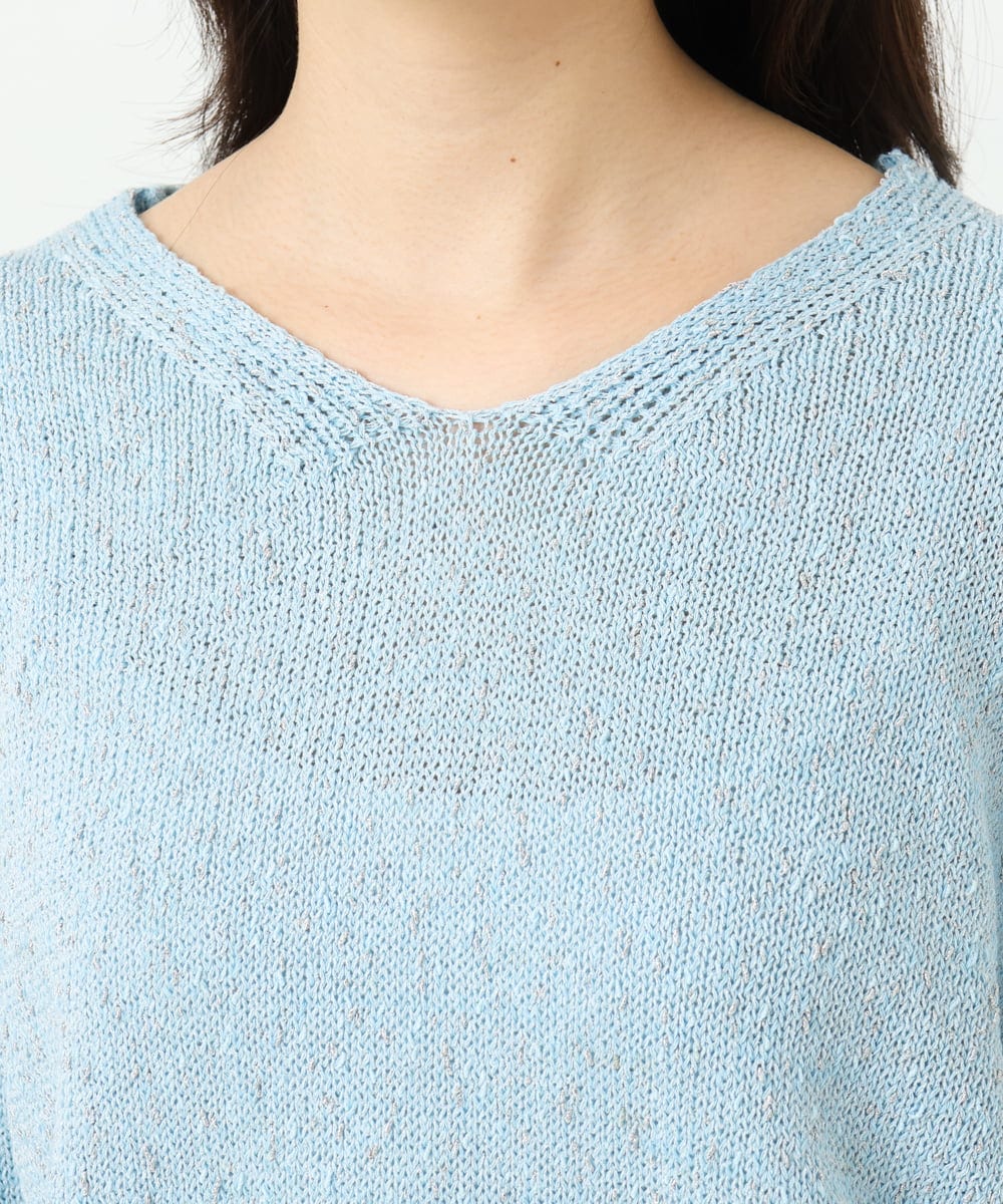 F1FGD31150 MK MICHEL KLEIN(小さいサイズ)(メゾン ドゥ サンク) 【小さいサイズ】ラメ入りノットヤーンVネックニット/洗える ライトブルー