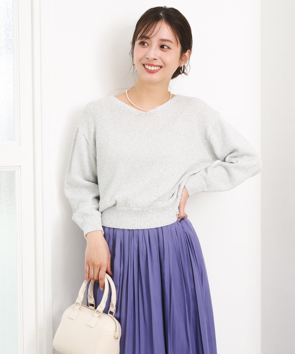 F1FGD31150 MK MICHEL KLEIN(小さいサイズ)(メゾン ドゥ サンク) 【小さいサイズ】ラメ入りノットヤーンVネックニット/洗える ライトブルー