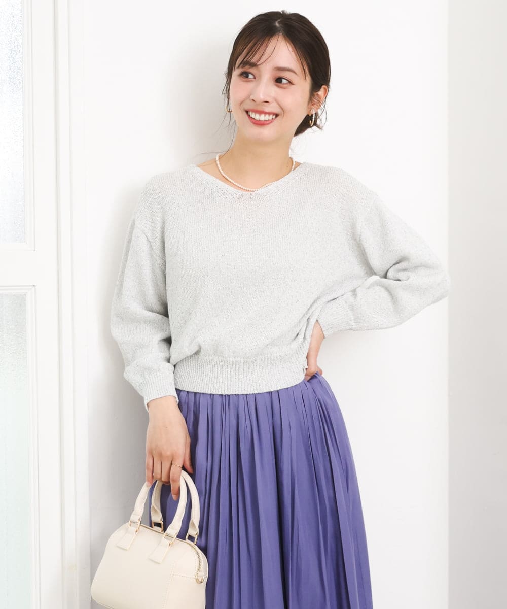 F1FGD31150 MK MICHEL KLEIN(小さいサイズ)(メゾン ドゥ サンク) 【小さいサイズ】ラメ入りノットヤーンVネックニット/洗える シルバー