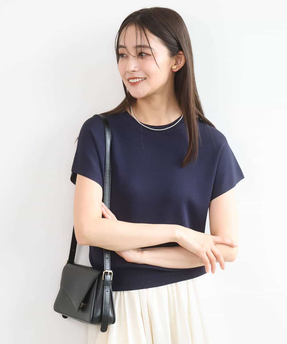 F1FGD40110 MK MICHEL KLEIN(小さいサイズ)(メゾン ドゥ サンク) 【小さいサイズ】フレンチスリーブニット/接触冷感/UVカット/洗える ネイビー