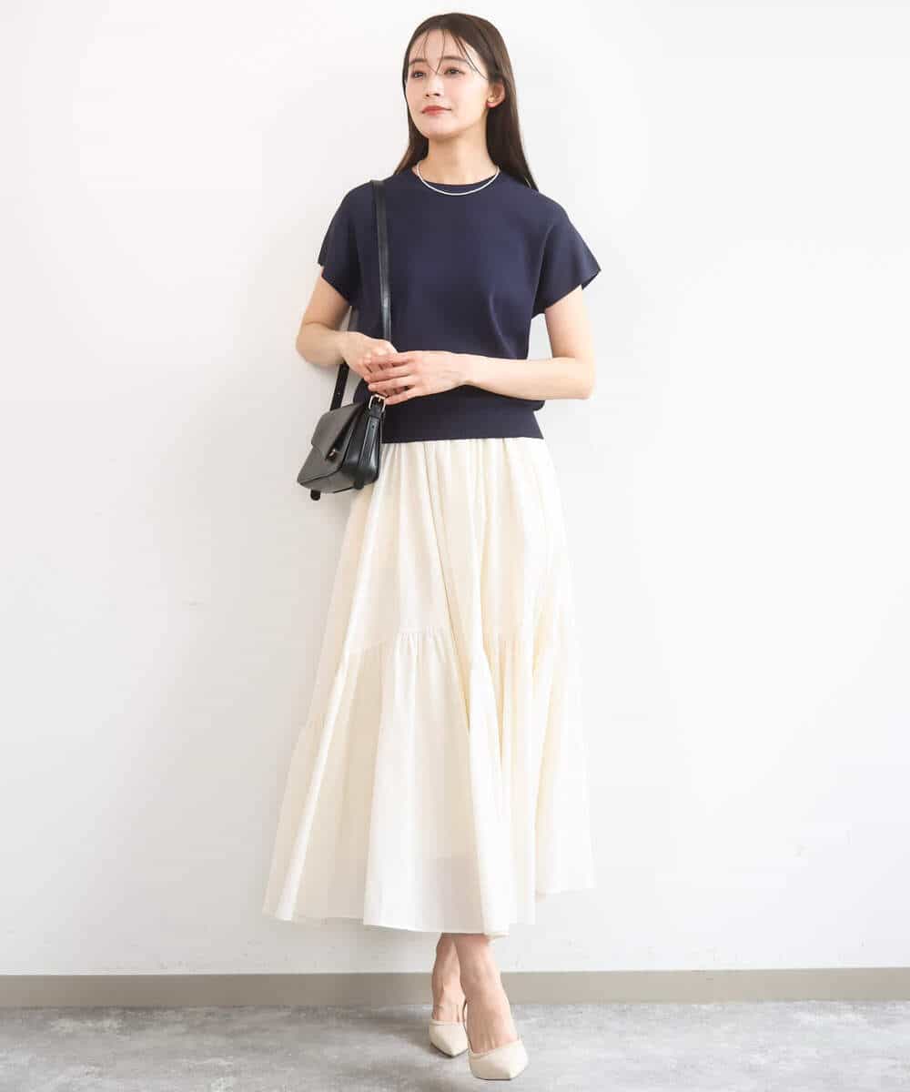 F1FGD40110 MK MICHEL KLEIN(小さいサイズ)(メゾン ドゥ サンク) 【小さいサイズ】フレンチスリーブニット/接触冷感/UVカット/洗える ネイビー