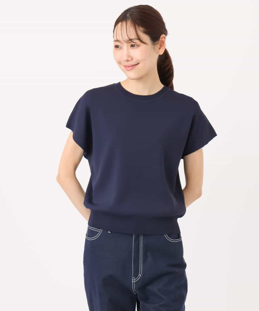 F1FGD40110 MK MICHEL KLEIN(小さいサイズ)(メゾン ドゥ サンク) 【小さいサイズ】フレンチスリーブニット/接触冷感/UVカット/洗える ネイビー