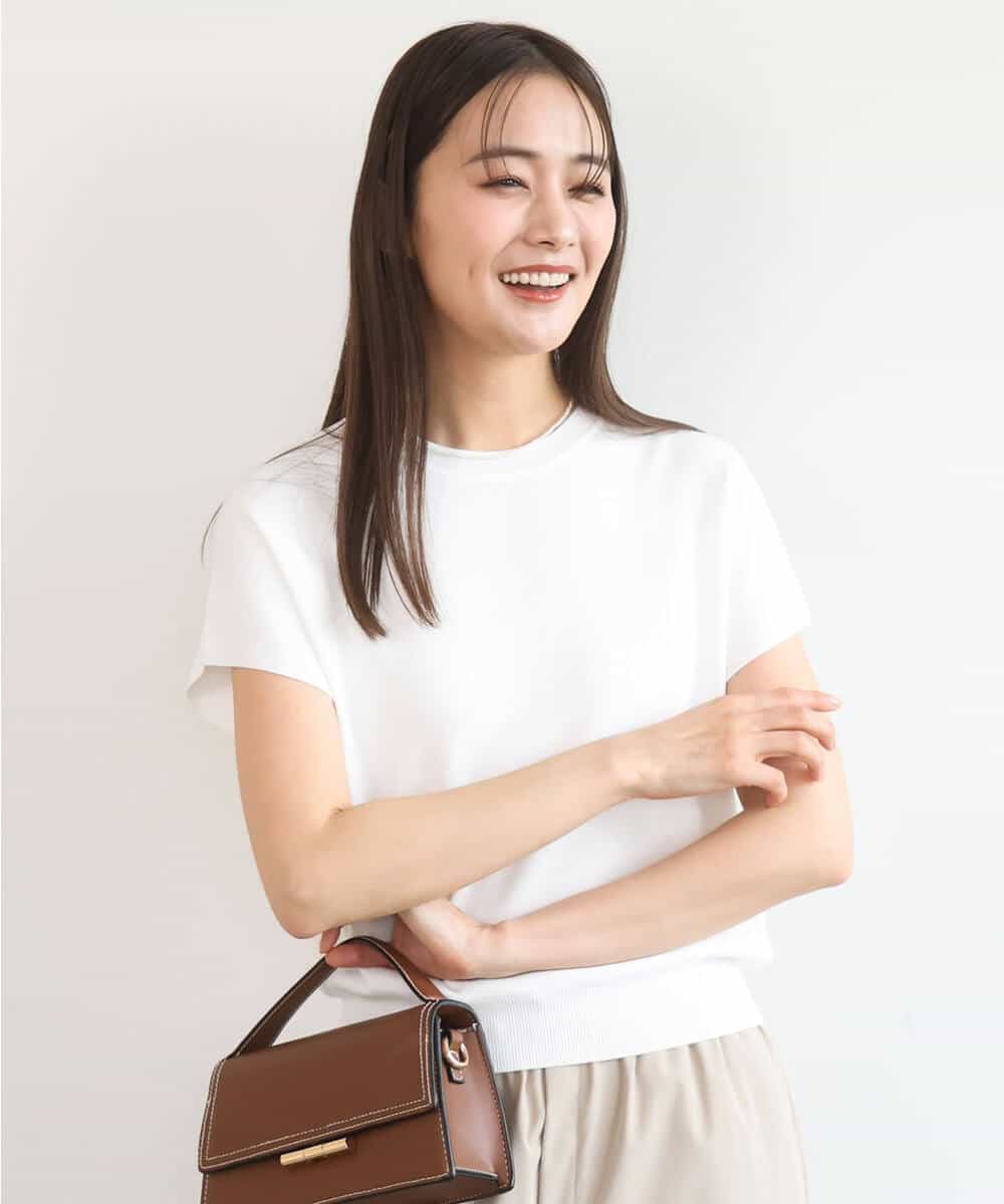 F1FGD40110 MK MICHEL KLEIN(小さいサイズ)(メゾン ドゥ サンク) 【小さいサイズ】フレンチスリーブニット/接触冷感/UVカット/洗える ホワイト