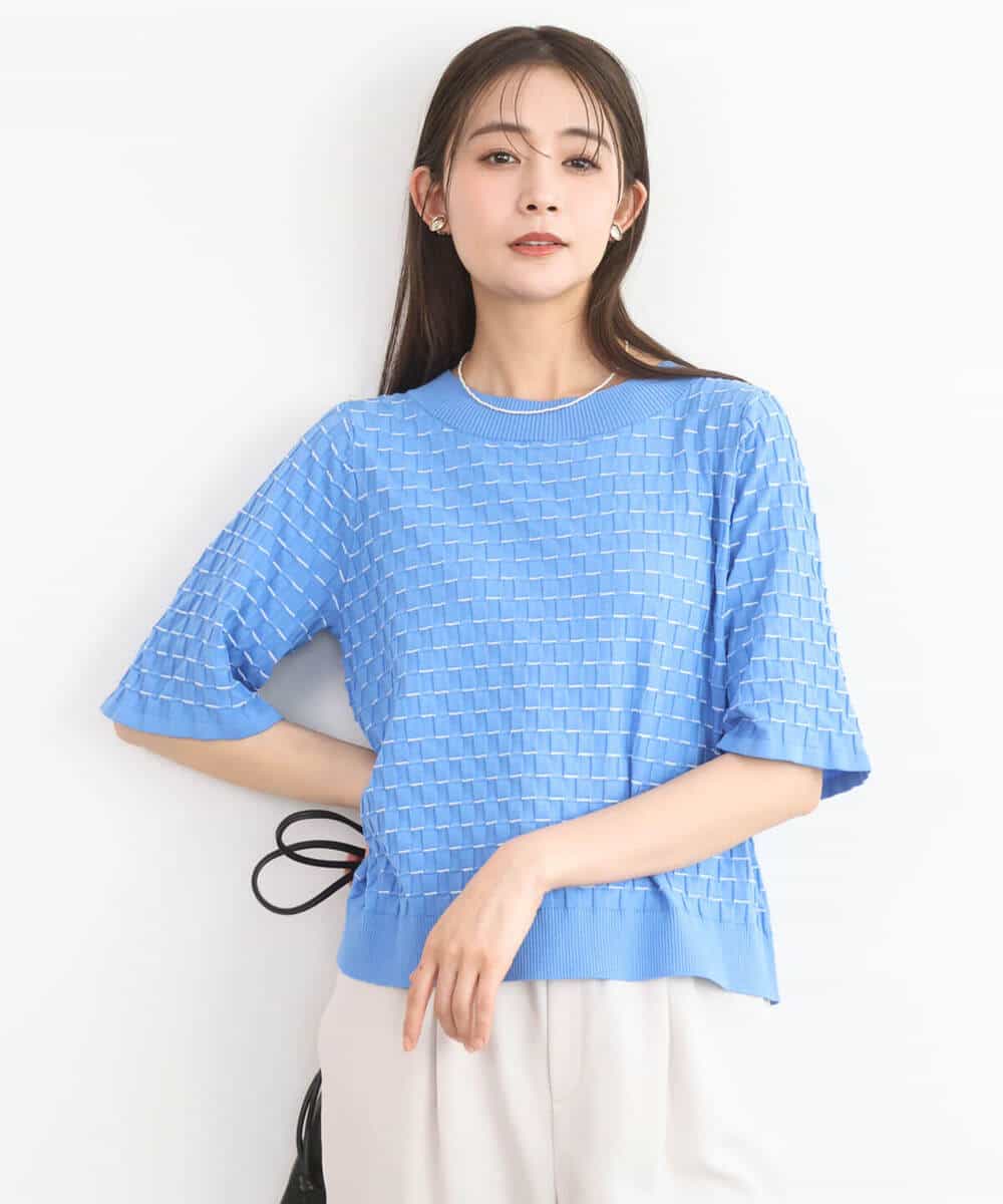 F1FGD41130 MK MICHEL KLEIN(小さいサイズ)(メゾン ドゥ サンク) 【小さいサイズ】ブロック調クロップド丈ニット/UVカット/洗える ブルー